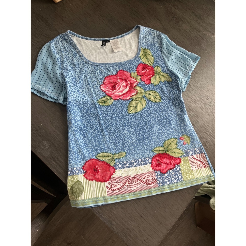 Forbidden Blue Floral Rose Beaded Sequin Mixed Media Top Polka Dot Sleeve L